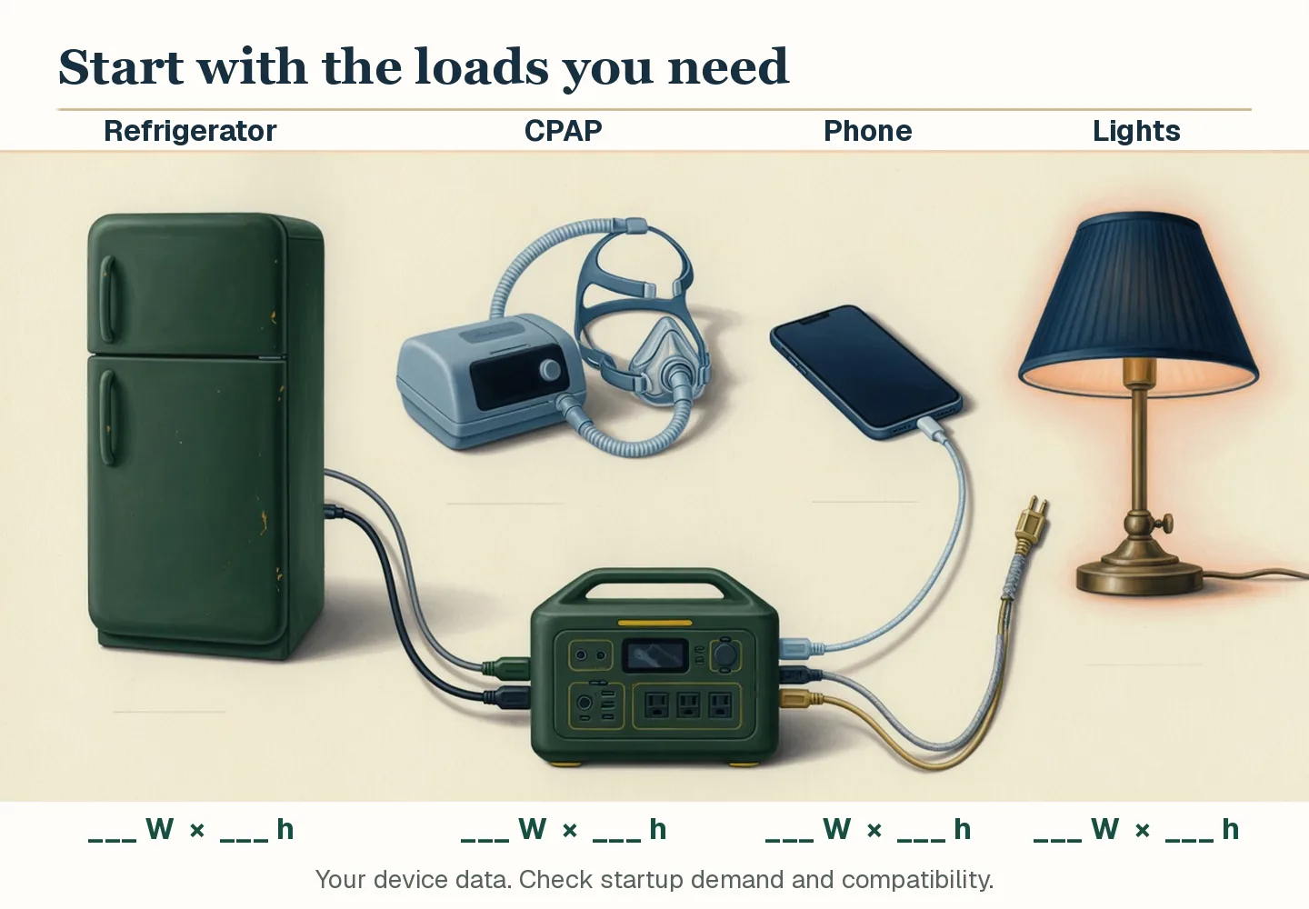 Illustration of a refrigerator, CPAP, phone and lamp with a generic power station and blank watt and operating-hour fields.