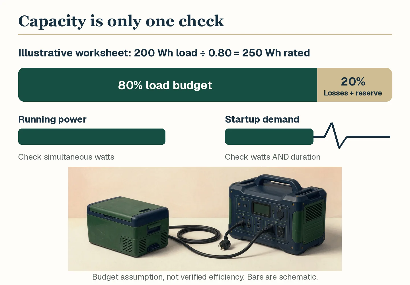 Capacity gauge with an illustrative 80 percent load budget and 20 percent losses-and-reserve band, plus running-power and startup-demand graphics.
