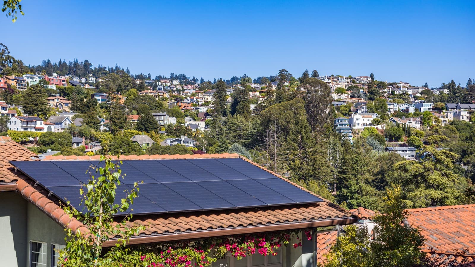 Solar panels on a residential tile roof overlooking a leafy neighborhood.
