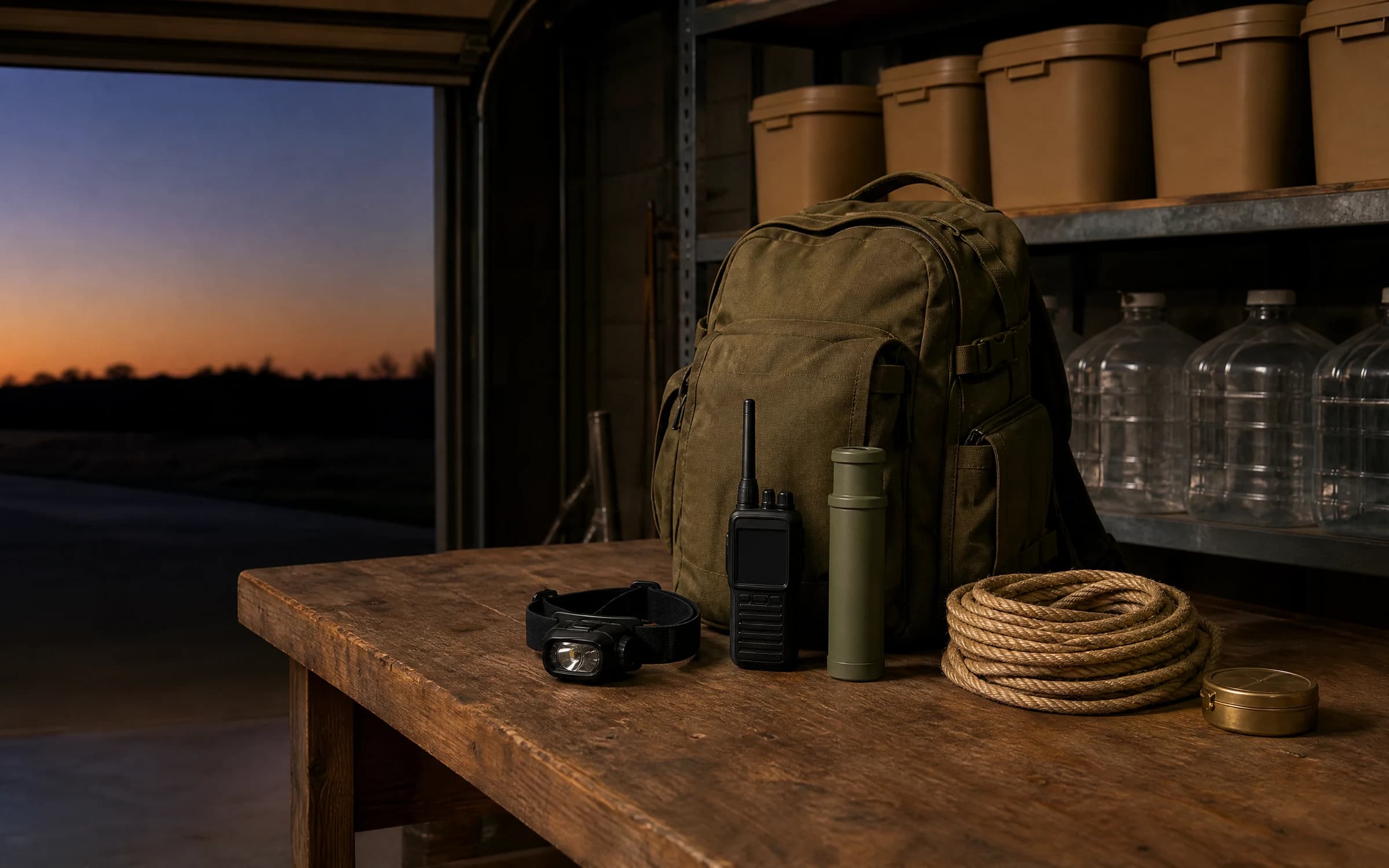 Photorealistic AI-generated image of a garage workbench at dusk with an olive backpack, headlamp, handheld radio, water filter, rope and compass, with stored water jugs and food buckets on shelves behind.