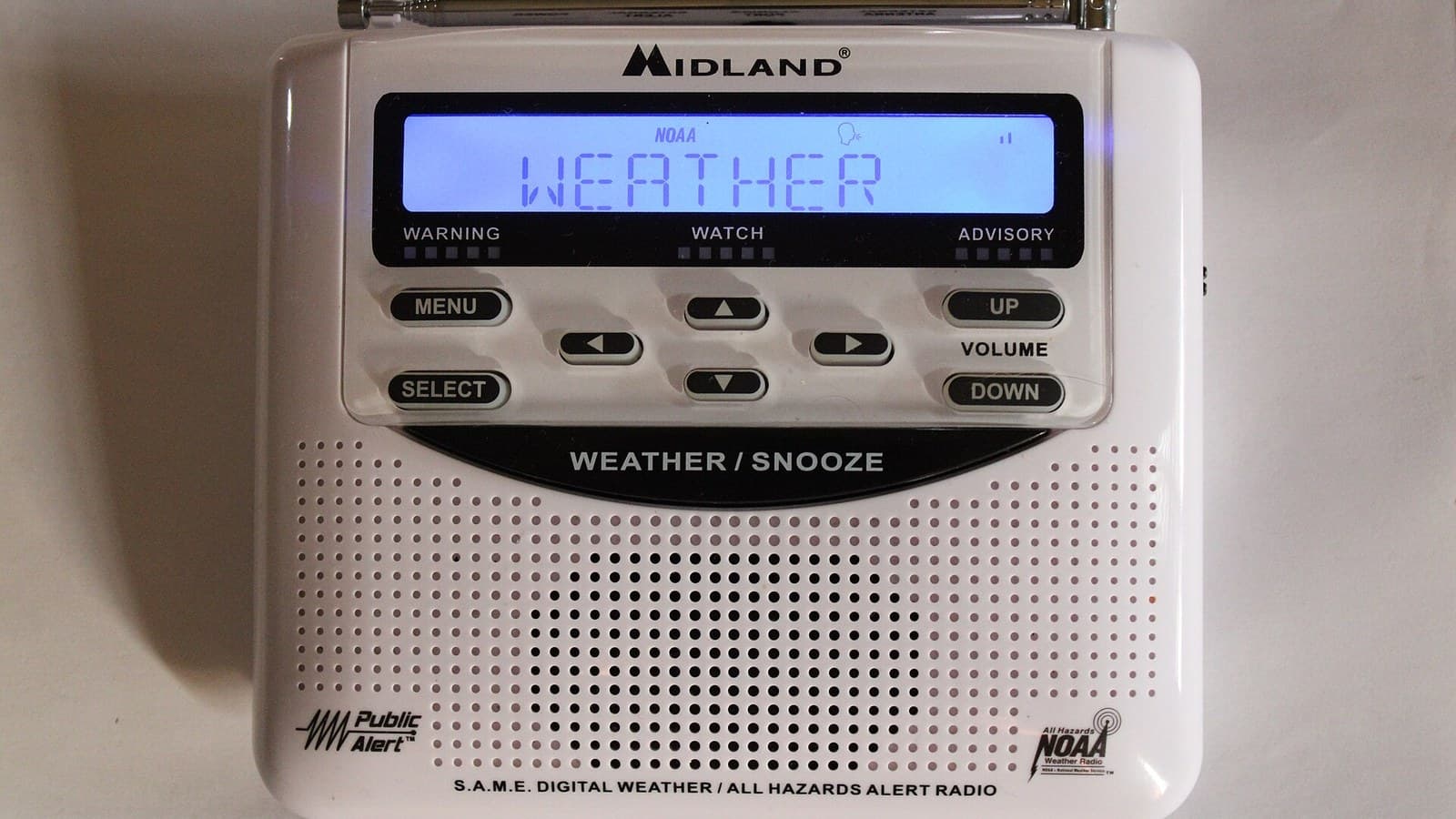A Midland WR-120EZ NOAA All Hazards Weather radio.