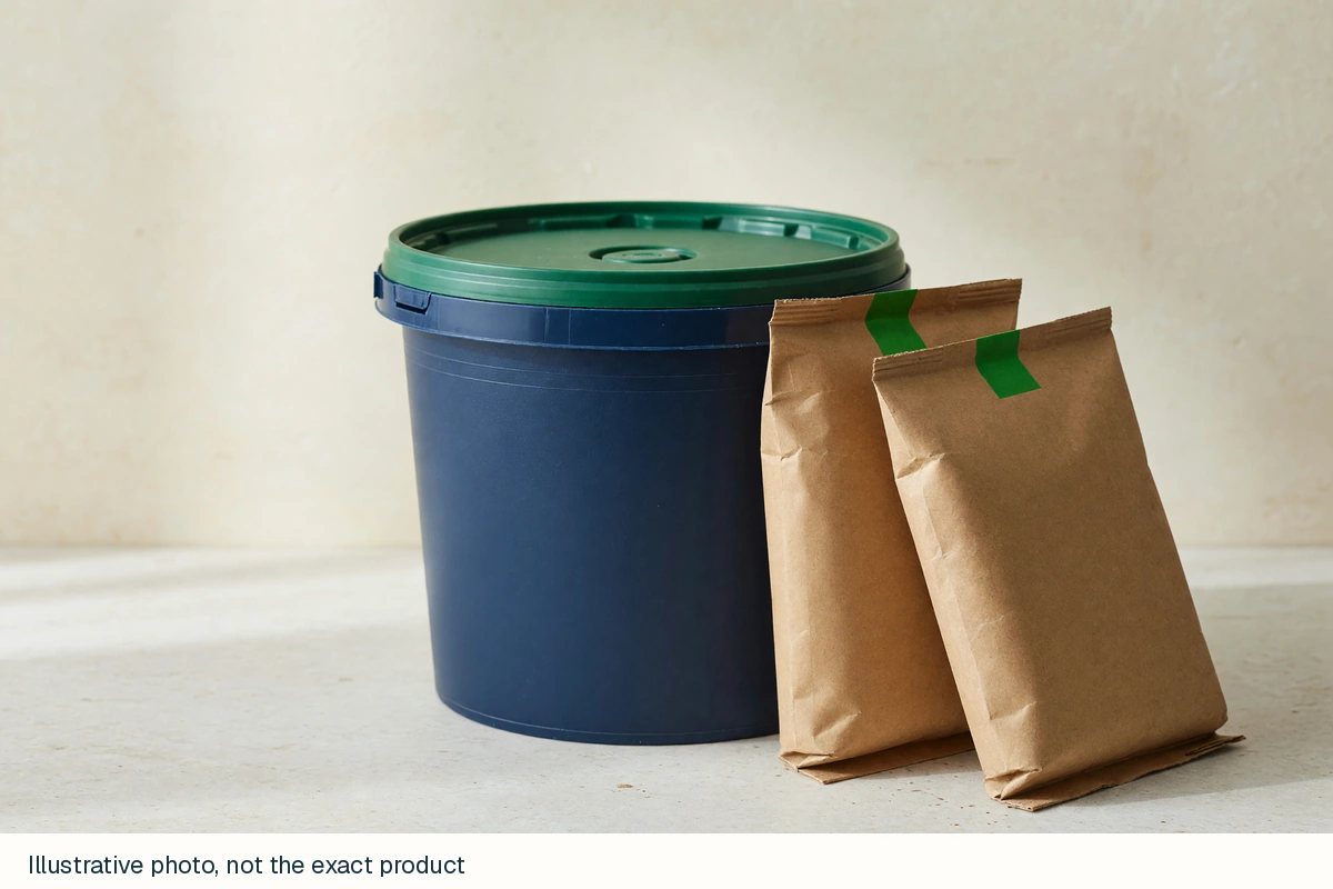 Generic emergency-food bucket and sealed pouches photorealistic generated category image, not the named package or quantities. Illustrative photo, not the exact product.