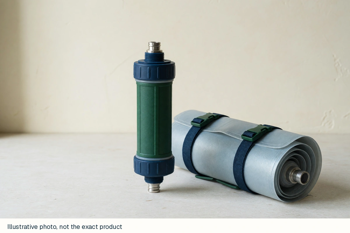 Generic portable water-filter photorealistic generated category image with a flexible pouch, not the named product. Illustrative photo, not the exact product.