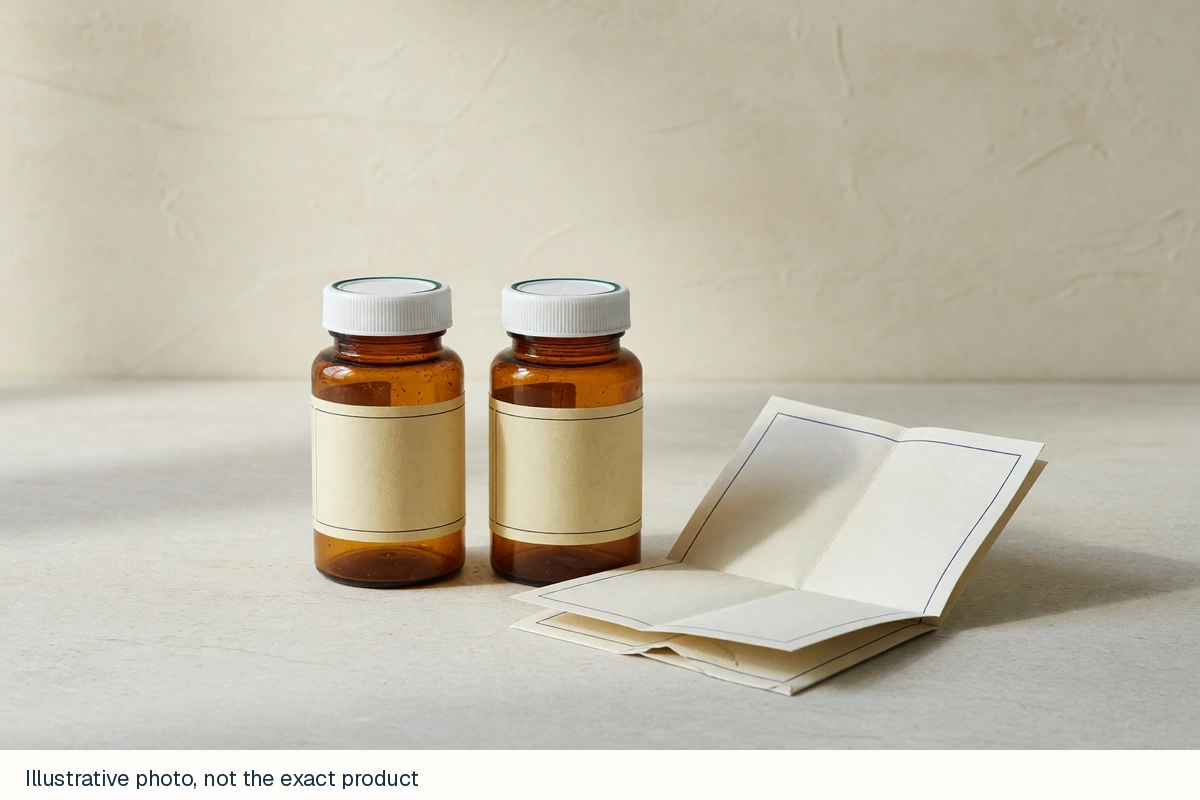 Generic prescription bottles and guidance leaflet photorealistic generated category image, not actual drugs, doses or package contents. Illustrative photo, not the exact product.