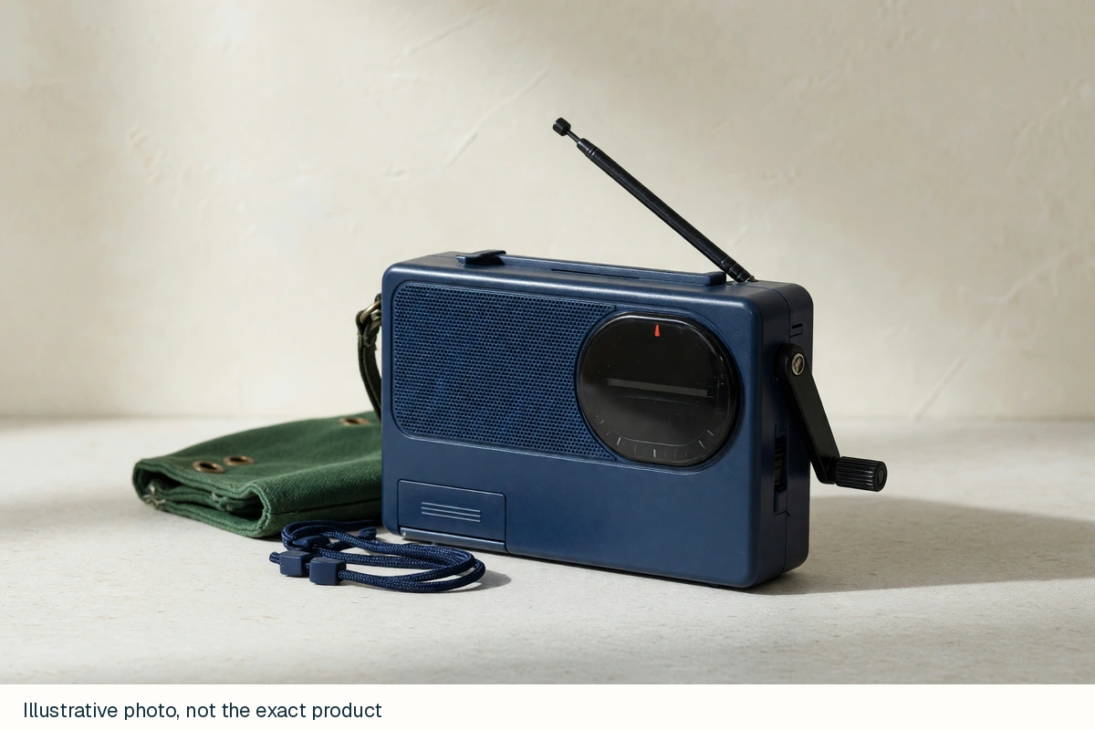 Generic emergency radio photorealistic generated category image, not the named model. Illustrative photo, not the exact product.