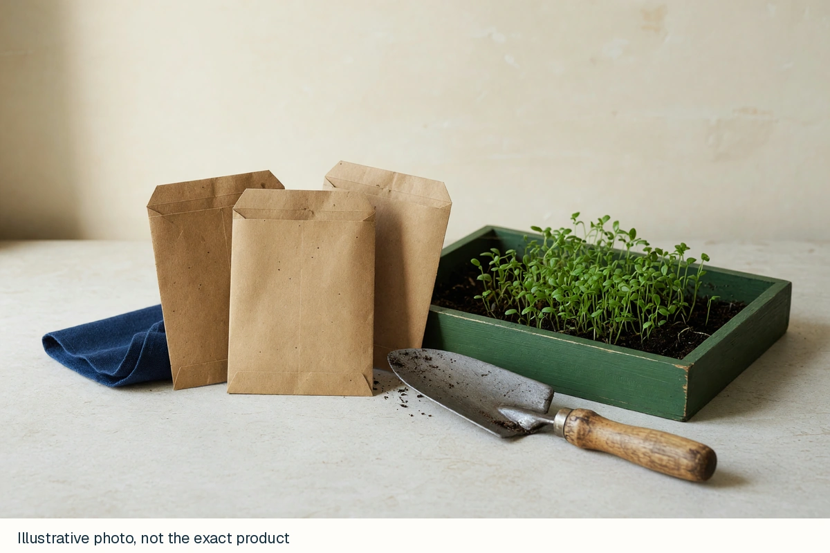 Generic seed packets, seedlings and garden tools photorealistic generated category image, not specific varieties. Illustrative photo, not the exact product.