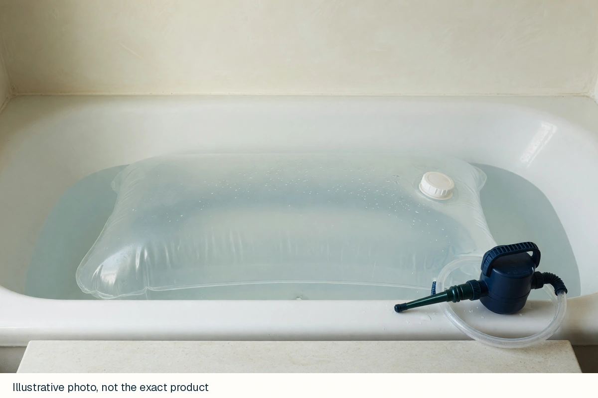 Generic bathtub water-storage bladder photorealistic generated category image, not the named product. Illustrative photo, not the exact product.