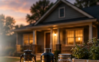 AI-generated concept illustration of a warmly lit house at dusk, with a lantern, a thermos and a storage jar on a porch table